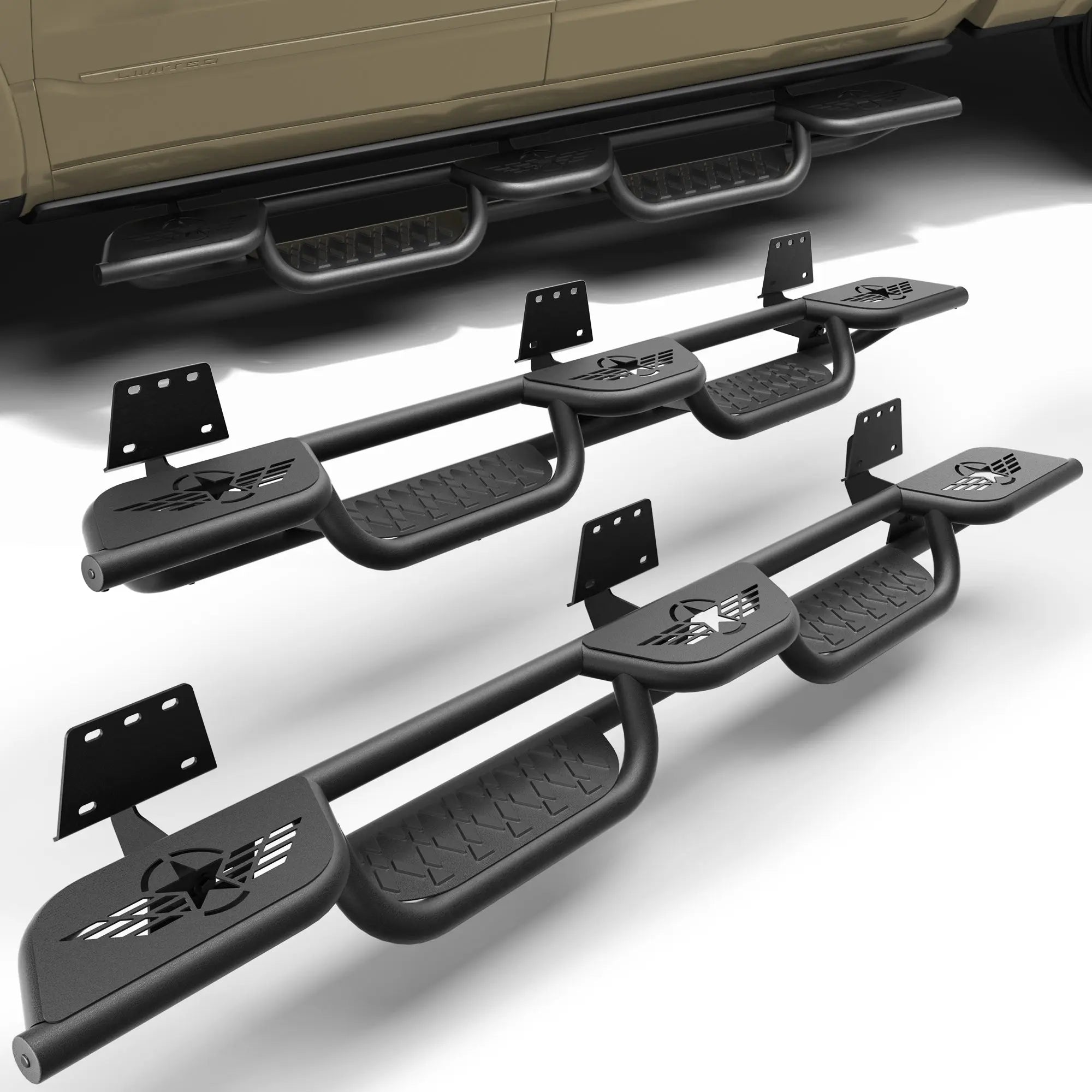 Running Boards for 2019-2026 Ram 1500 New Body Crew Cab (Excl. Classic) | Wide 3-Step Nerf Bars, Heavy-Duty Carbon Steel, 550 lbs Load Capacity, Anti-Slip Side Steps - nadiaauto