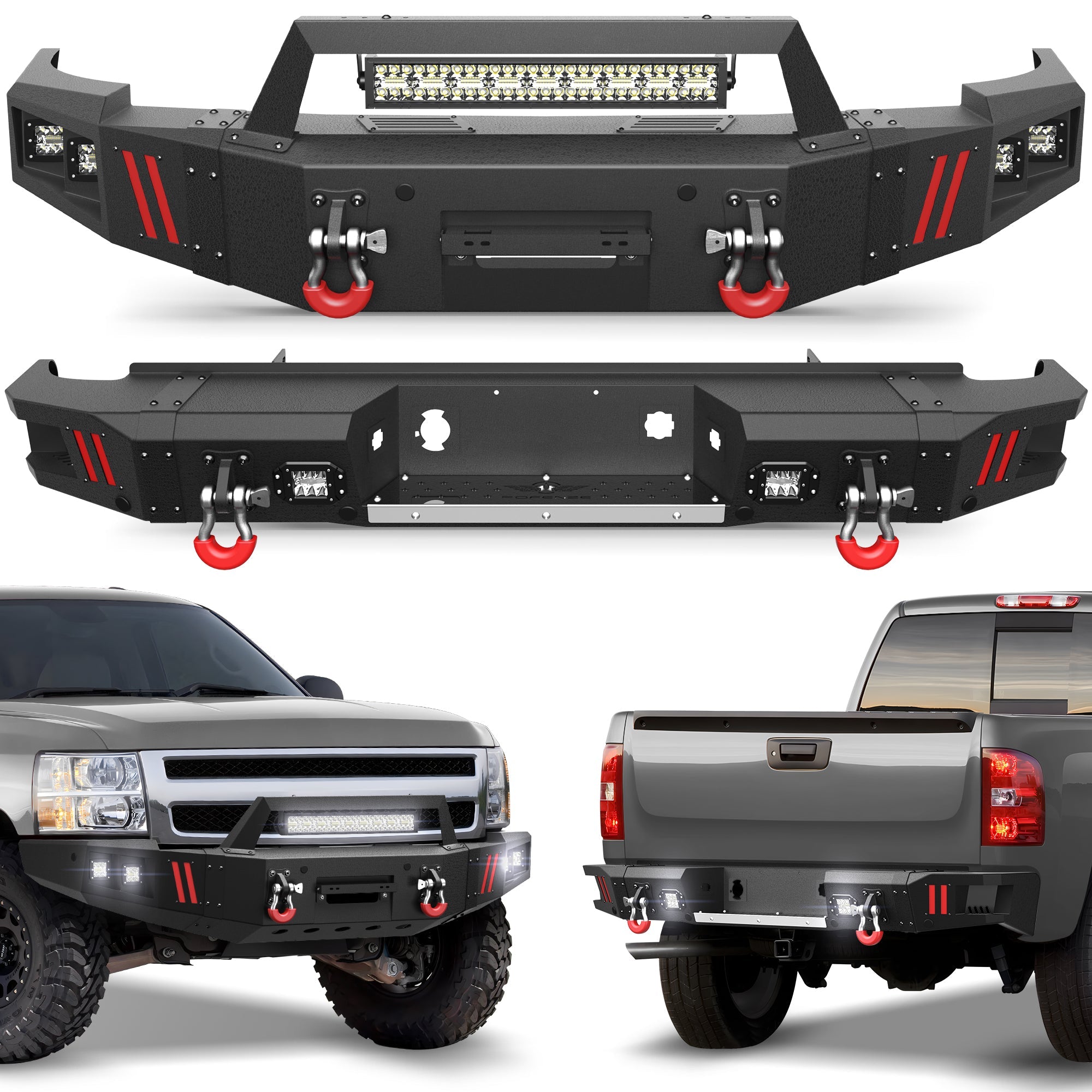 2007-2013 Chevy Silverado 1500 Bumper Set with Winch Plate & Bright LED Lights - nadiaauto