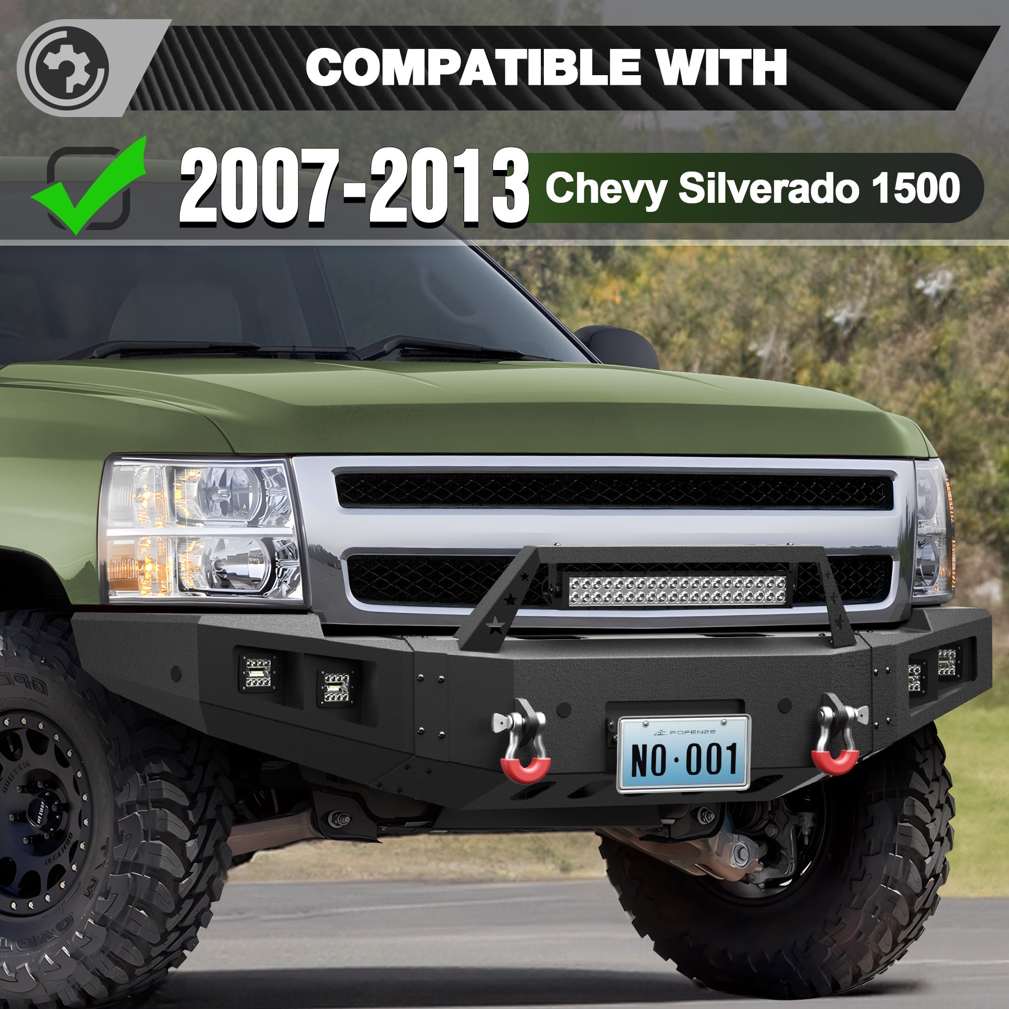 Silverado 1500 Front & Rear Bumper Kit for 2007-2013 Chevy Silverado 1500 | Heavy-Duty Steel Bumper Set with Winch Plate, LED Lights, Rear Step Plate, D-Rings & Parking Sensor Holes - nadiaauto