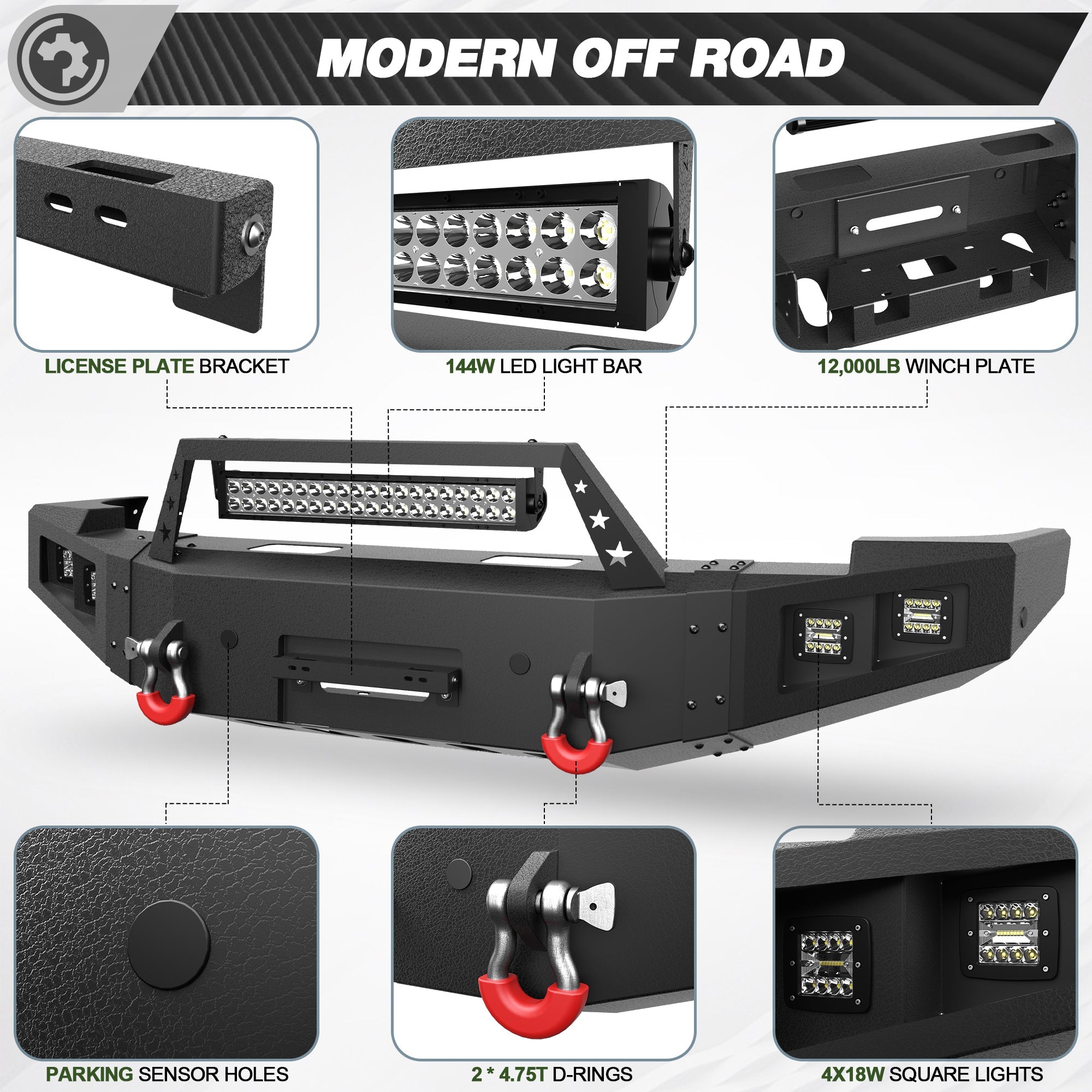 Silverado 1500 Front & Rear Bumper Kit for 2007-2013 Chevy Silverado 1500 | Heavy-Duty Steel Bumper Set with Winch Plate, LED Lights, Rear Step Plate, D-Rings & Parking Sensor Holes - nadiaauto